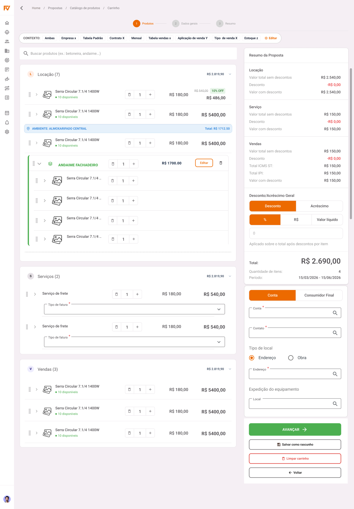 Carrinho da proposta no desktop com produtos agrupados, controles de quantidade, resumo financeiro e ações da etapa.