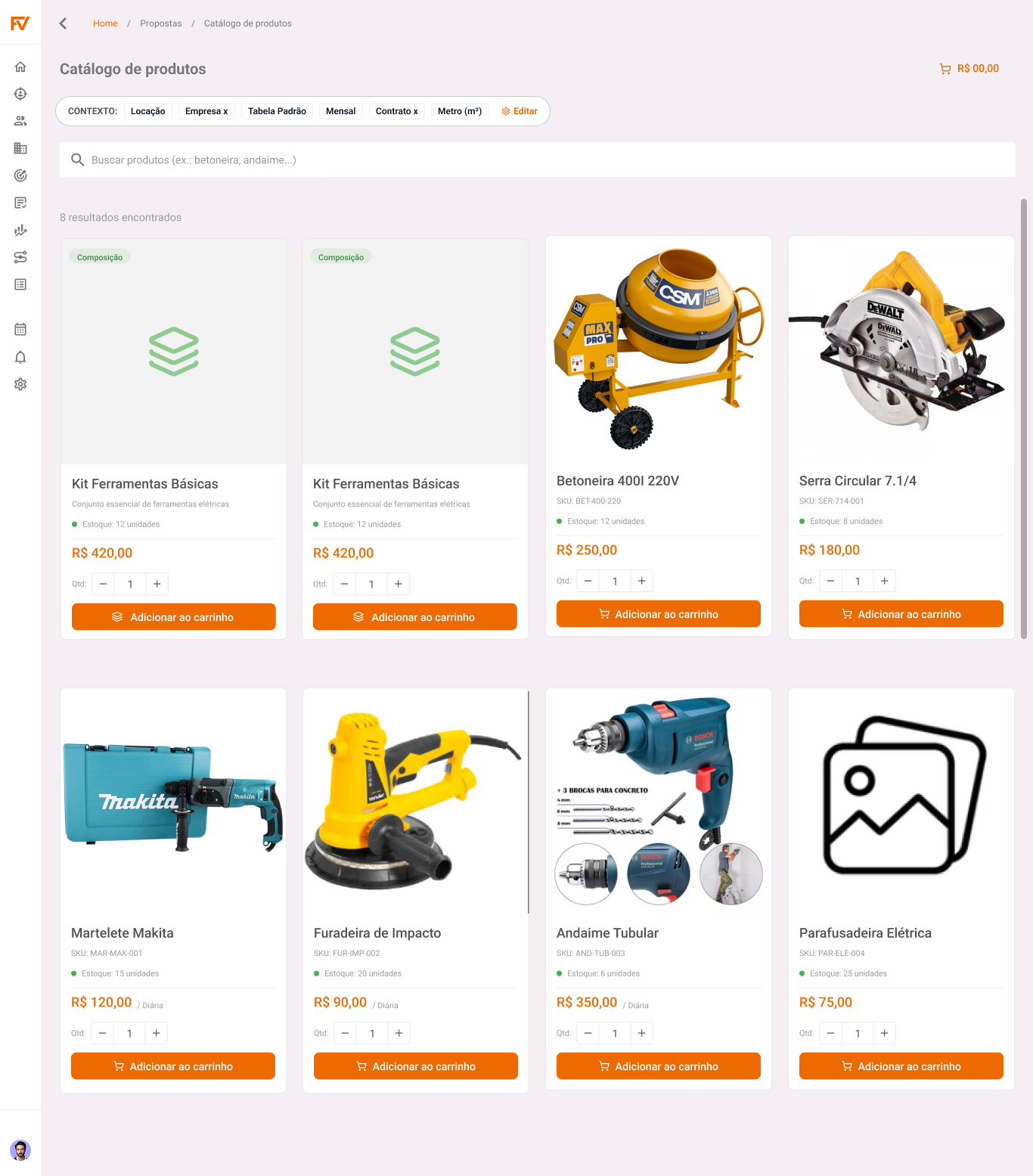 Catálogo de produtos no desktop com contexto comercial, campo de busca permanente, produtos em grid e ações de adicionar ao carrinho.