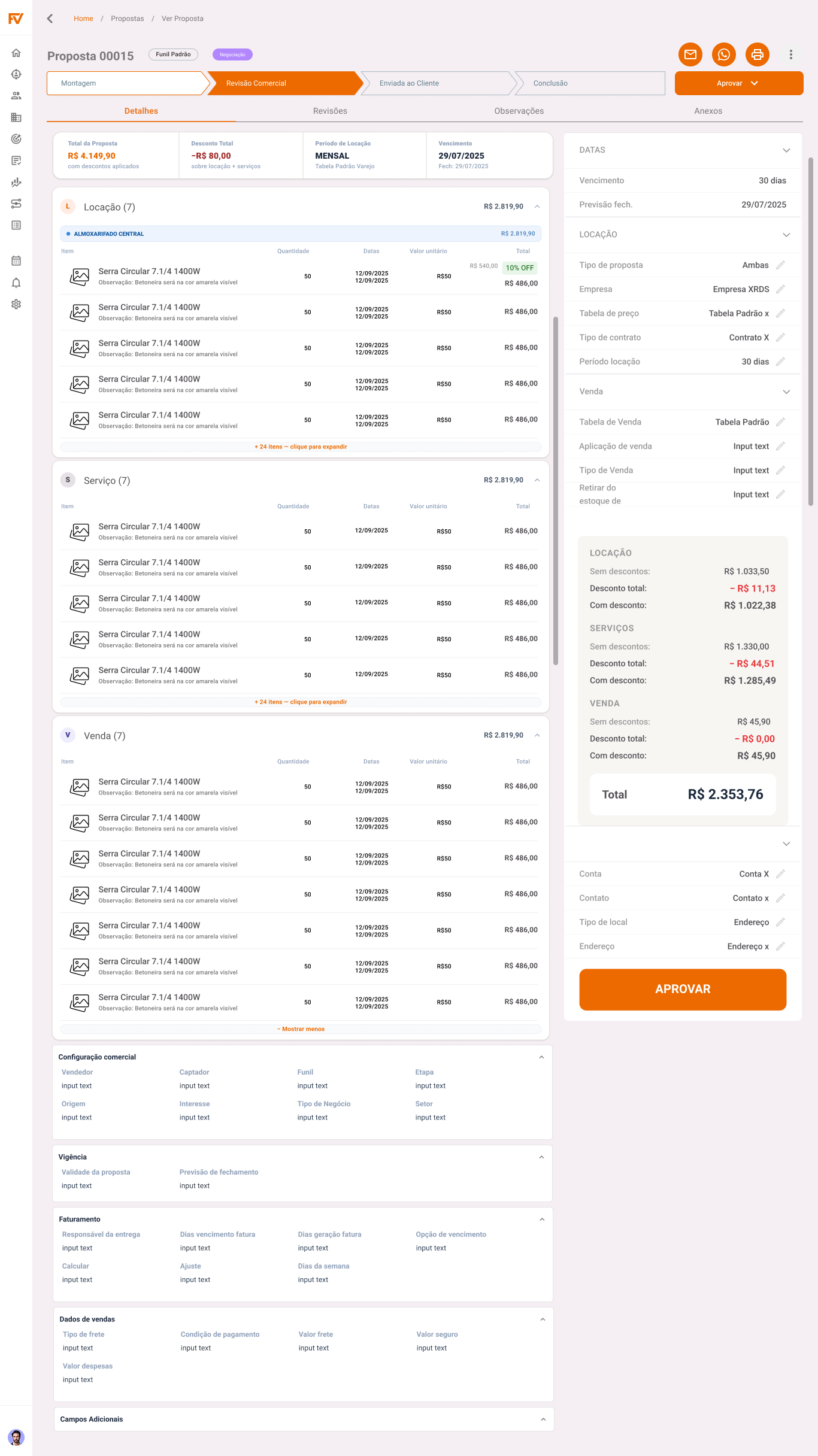 Proposta em revisão no desktop com etapas do fluxo, tabelas de locação, serviço e venda, além de contexto comercial em um painel lateral.
