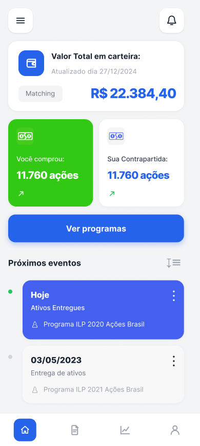 Tela mobile da Pris com carteira, ações, programas e próximos eventos do beneficiário.