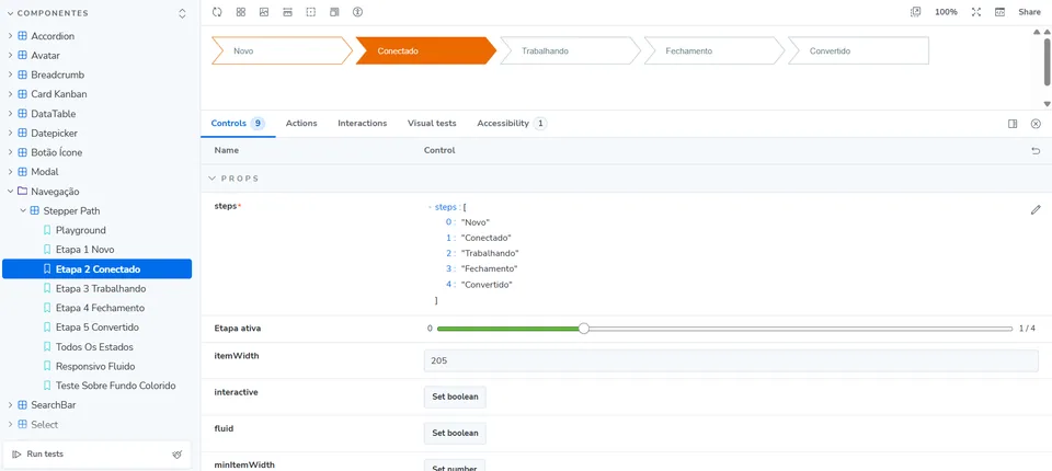 Stepper do Sisloc Design System executado no Storybook