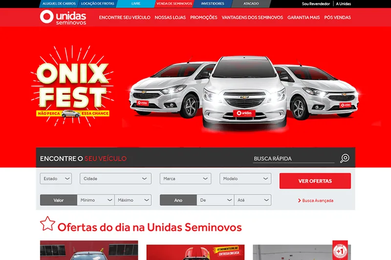 Página da Unidas Seminovos com busca rápida e filtros de localização, marca, modelo, valor e ano.