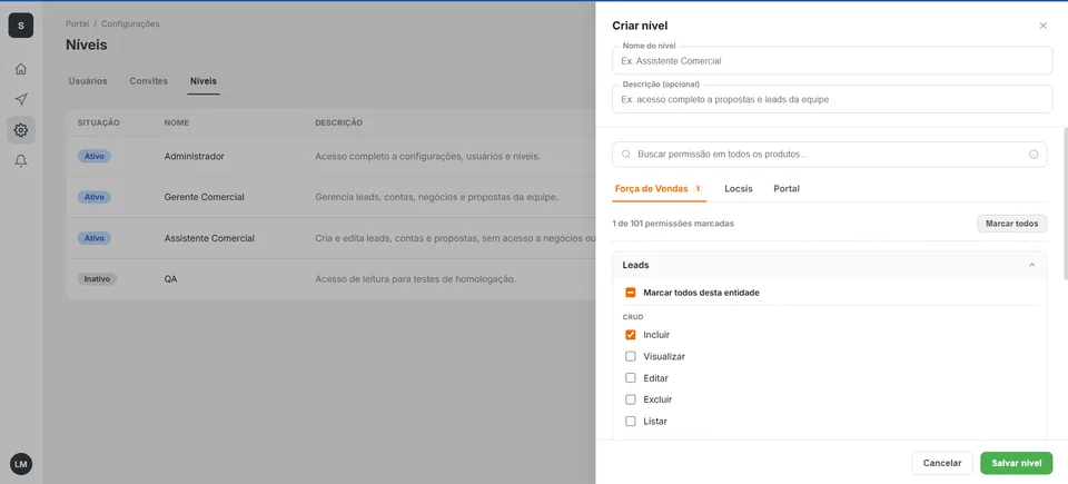 Painel de criação de nível com busca, grupos e seleção de permissões em alto volume.