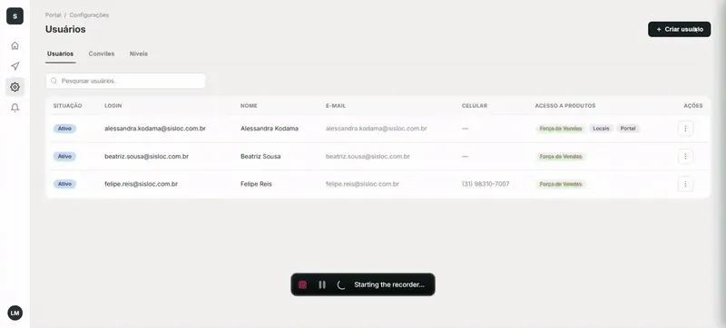 Protótipo funcional criando uma pessoa usuária, preenchendo dados, associando um nível e concluindo o envio do convite.