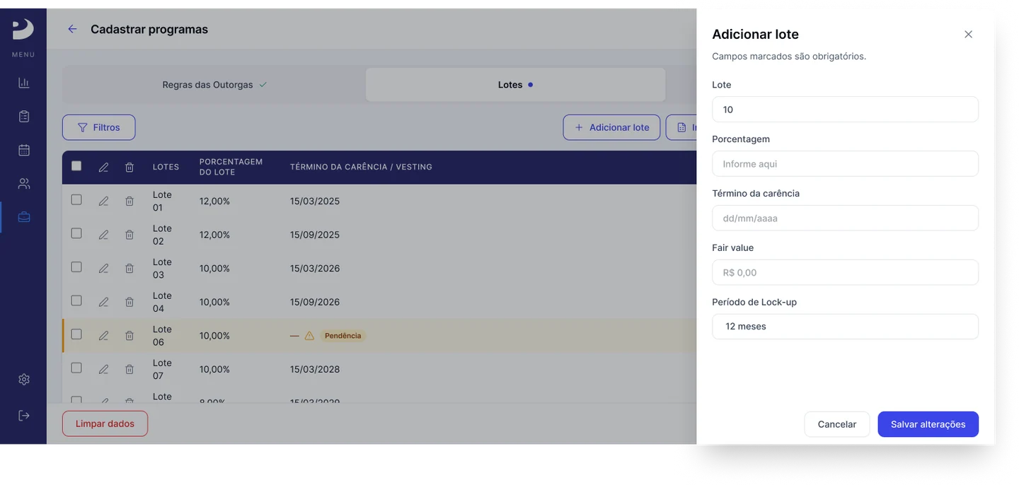 Painel lateral para adicionar manualmente um lote à gestão de múltiplas outorgas.